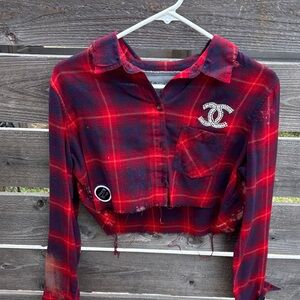 Red Plaid Cropped Shirt with Logo hand beaded and distressed by “Jagged Threads”